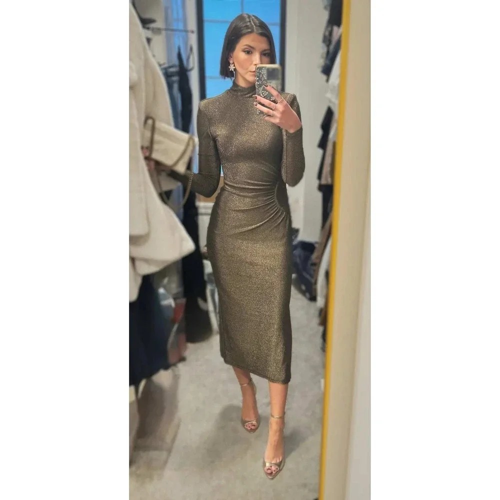 Ramy Brook Amarilys Dress Metallic Gold Shimmer Mock Neck Ruched Midi Sz L - Picture 7 of 15